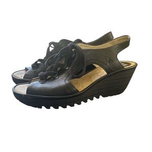 Fly London Ylfa black leather lace-up‎ wedge sandals